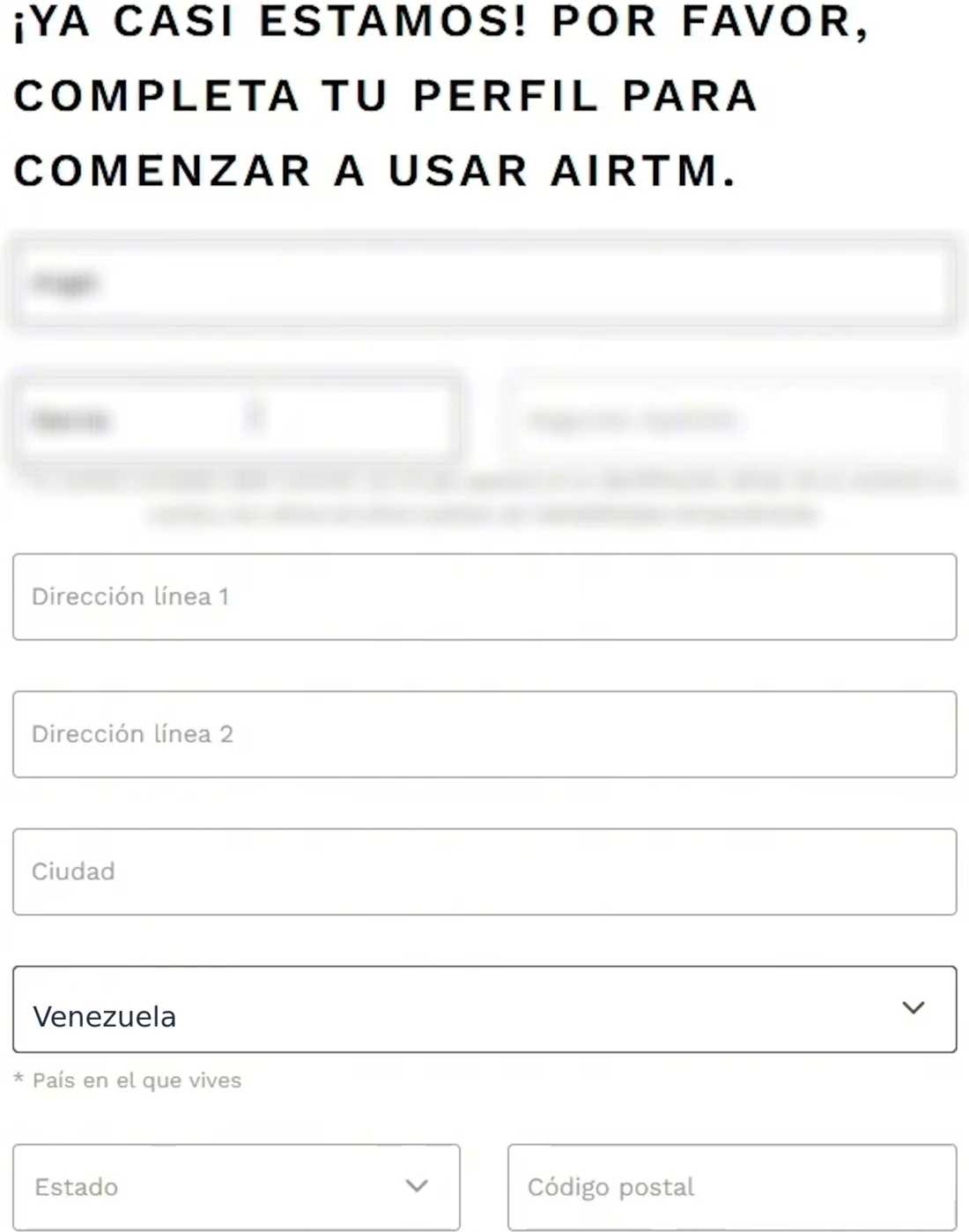 Formulario de AirTM para completar el perfil: dirección, ciudad, país (Venezuela), estado y código postal