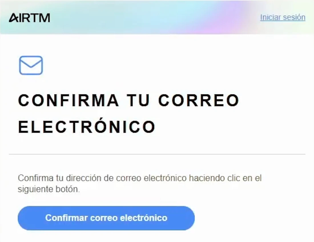 Pantalla de AirTM para confirmar el correo electrónico