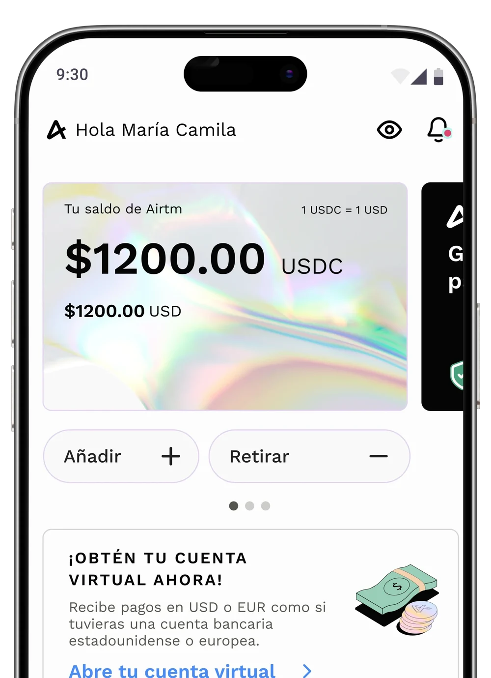 Pantalla de AirTM con el saldo en USD y el acceso a la Cuenta Virtual