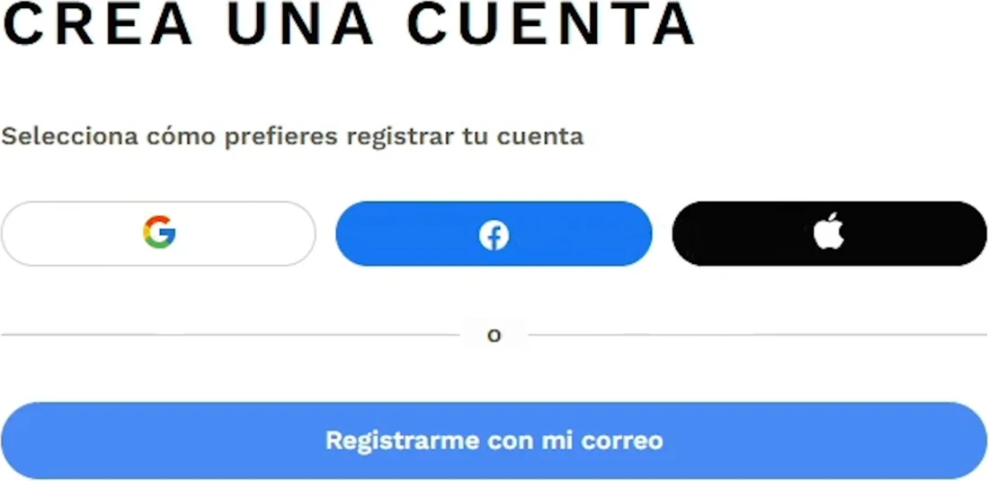Opciones para crear la cuenta en AirTM: Google, Facebook, Apple o correo electrónico