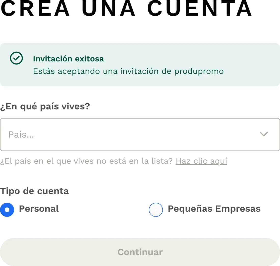 Pantalla de AirTM con la invitación aceptada, selección de país y tipo de cuenta