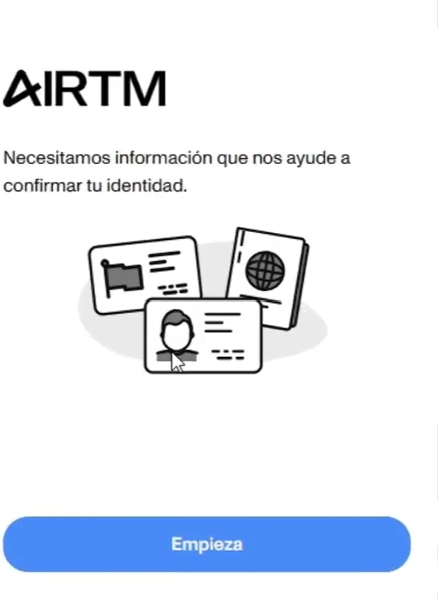 Pantalla de AirTM que pide información para confirmar tu identidad, con el botón Empieza
