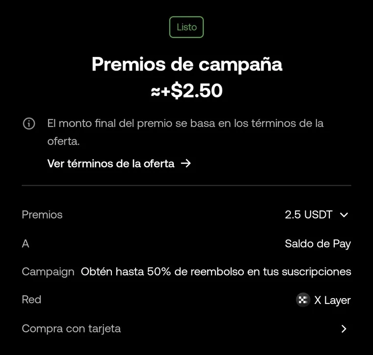 Detalle del premio de campaña en OKX con 2,5 USDT acreditados en el saldo de Pay