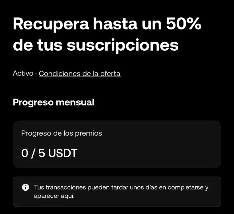 Pantalla de la oferta en OKX con el estado Activo, el progreso mensual de recompensas y el aviso de que las transacciones tardan unos días