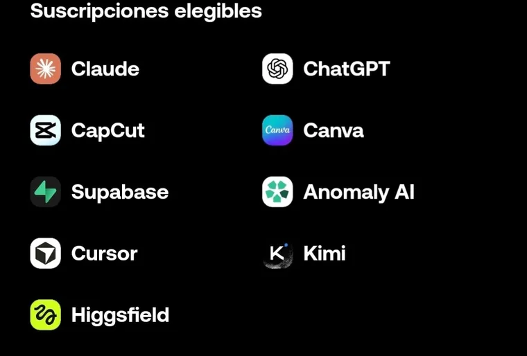 Lista de suscripciones elegibles en OKX: Claude, ChatGPT, CapCut, Canva, Supabase, Anomaly AI, Cursor, Kimi y Higgsfield