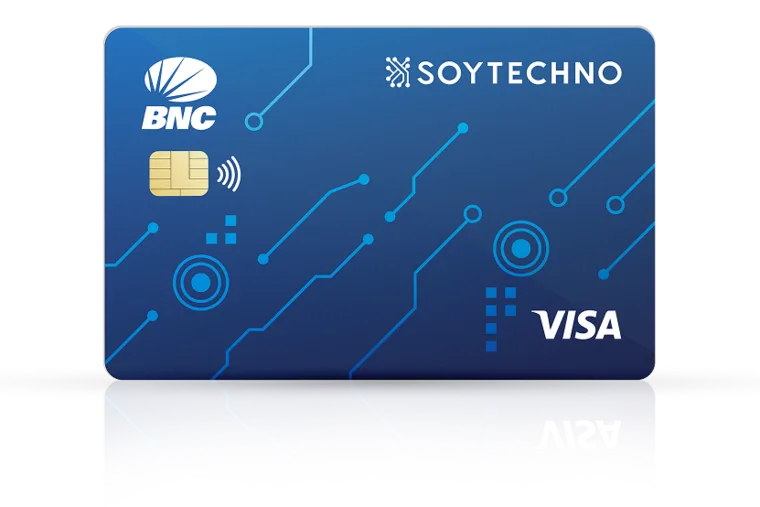 Tarjeta de crédito Soytechno BNC Visa, azul con chip y logo de Soytechno